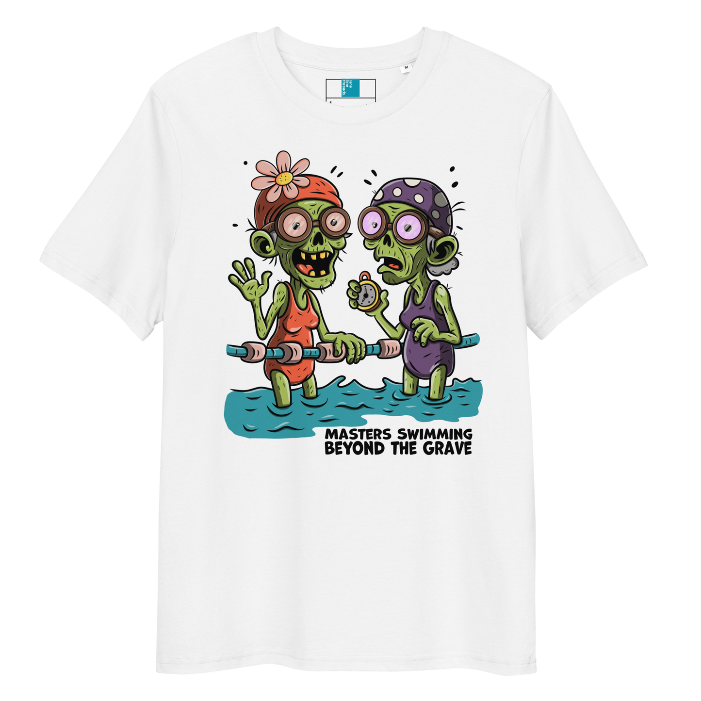 White organic cotton funny Halloween shirt with cartoon zombie female Masters swimmers holding lane line, text reads ‘Masters Swimming Beyond the Grave’
