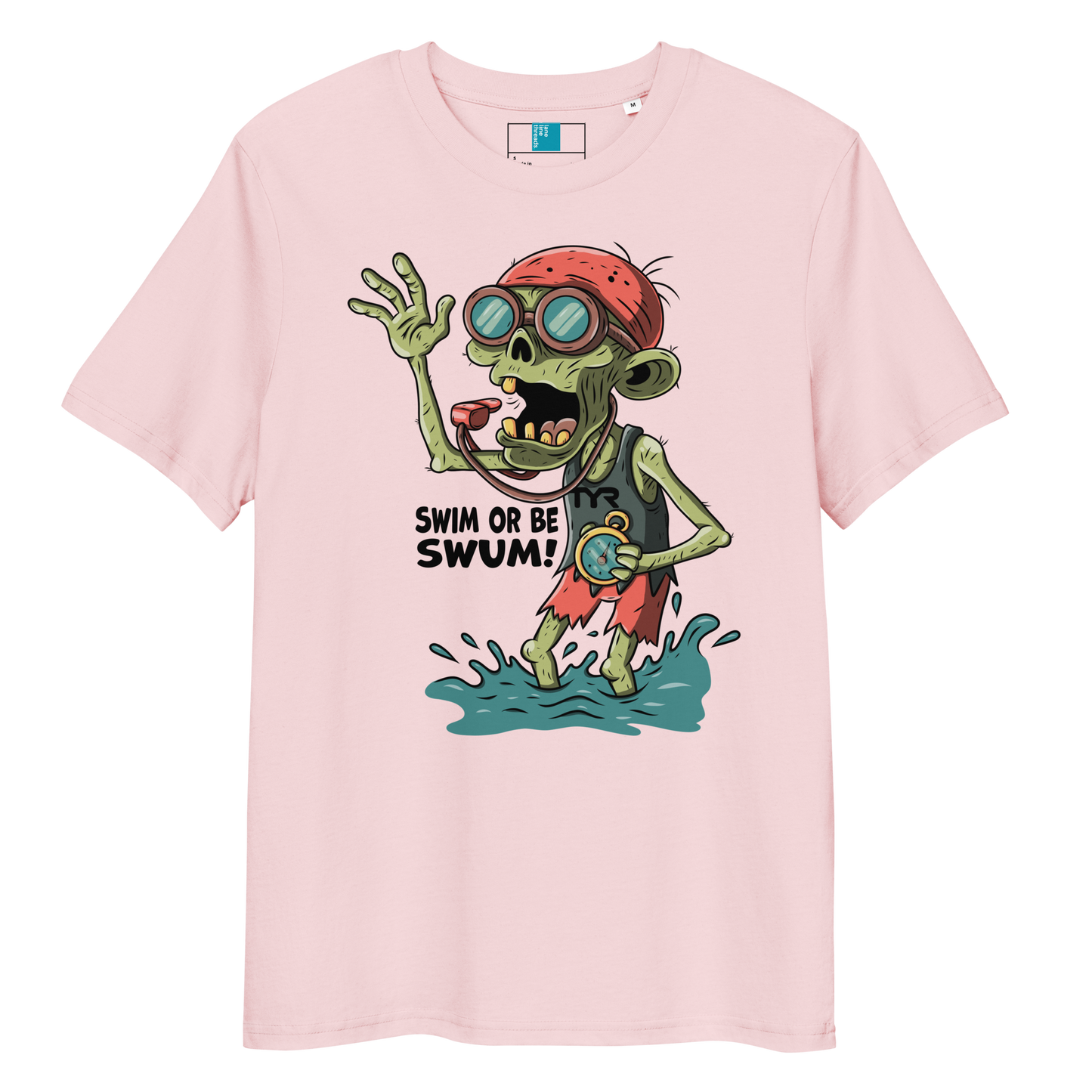 Pink organic cotton funny Halloween swimming coach shirt with cartoon zombie coach holding stopwatch and whistle, text reads ‘Swim or Be Swum!’"