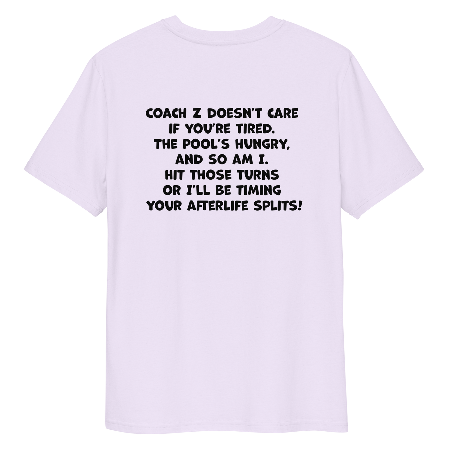 Lavender funny Halloween swimming coach shirt with black text on a white background