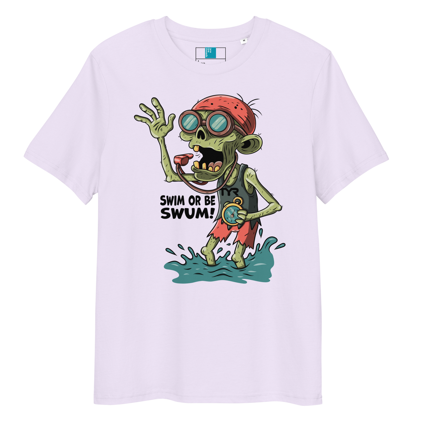 Lavender organic cotton funny Halloween swimming coach shirt with cartoon zombie coach holding stopwatch and whistle, text reads ‘Swim or Be Swum!’"