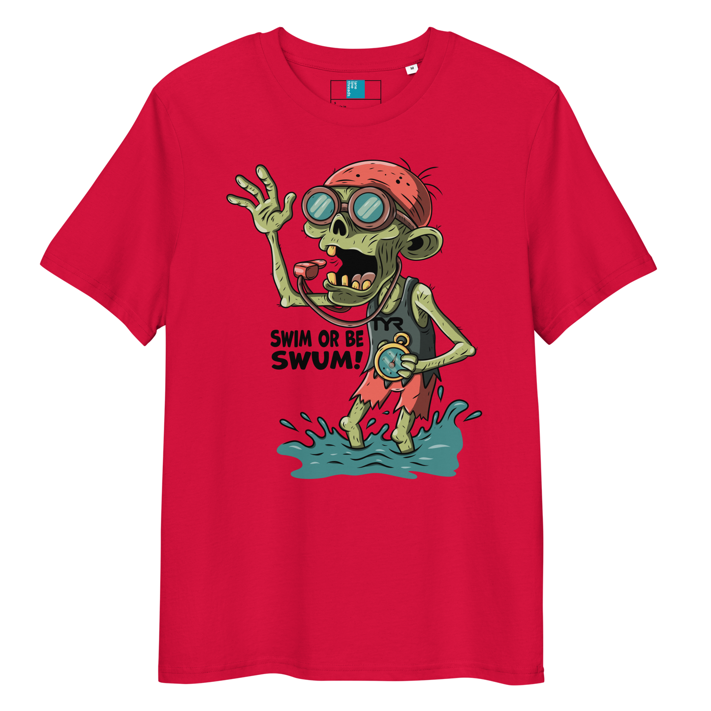 Red organic cotton funny Halloween swimming coach shirt with cartoon zombie coach holding stopwatch and whistle, text reads ‘Swim or Be Swum!’"