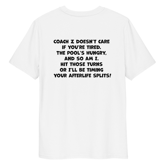 White funny Halloween swimming coach shirt with humorous black text on a white background