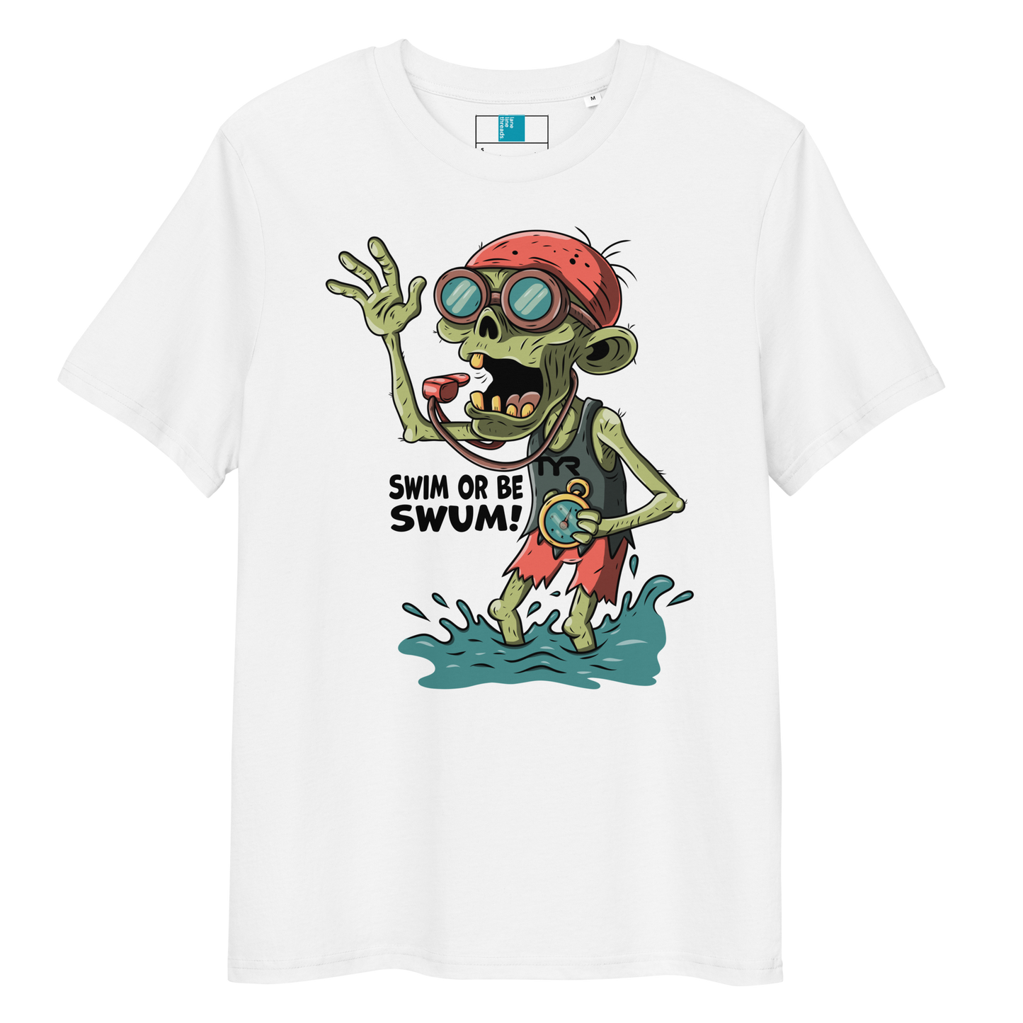 White organic cotton funny Halloween swimming coach shirt with cartoon zombie coach holding stopwatch and whistle, text reads ‘Swim or Be Swum!’"