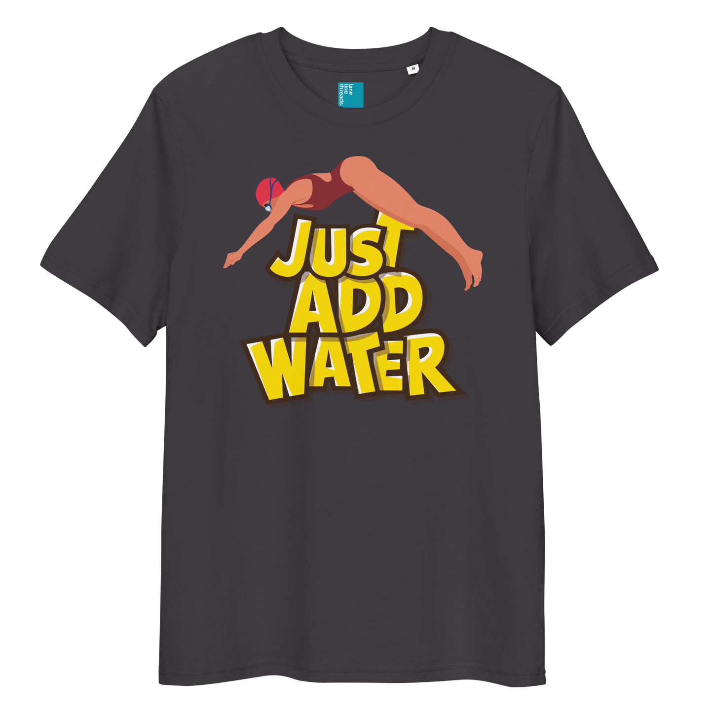 Anthracite organic funny swim shirt with bold yellow “Just Add Water” text and diver graphic, eco-friendly funny shirt for swimmers and swim parents