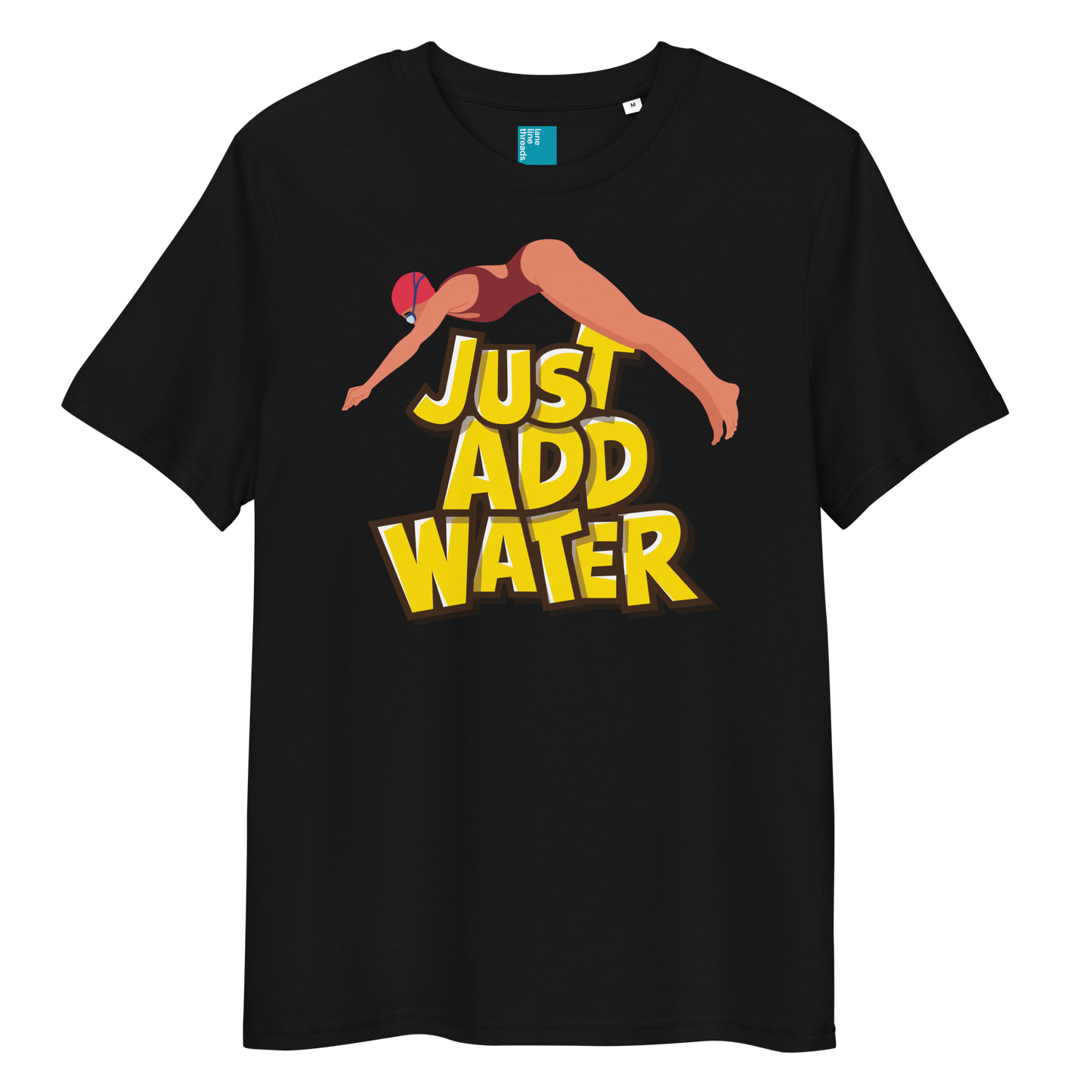 Black organic funny swim shirt with bold yellow “Just Add Water” text and diver graphic, eco-friendly funny shirt for swimmers and swim parents