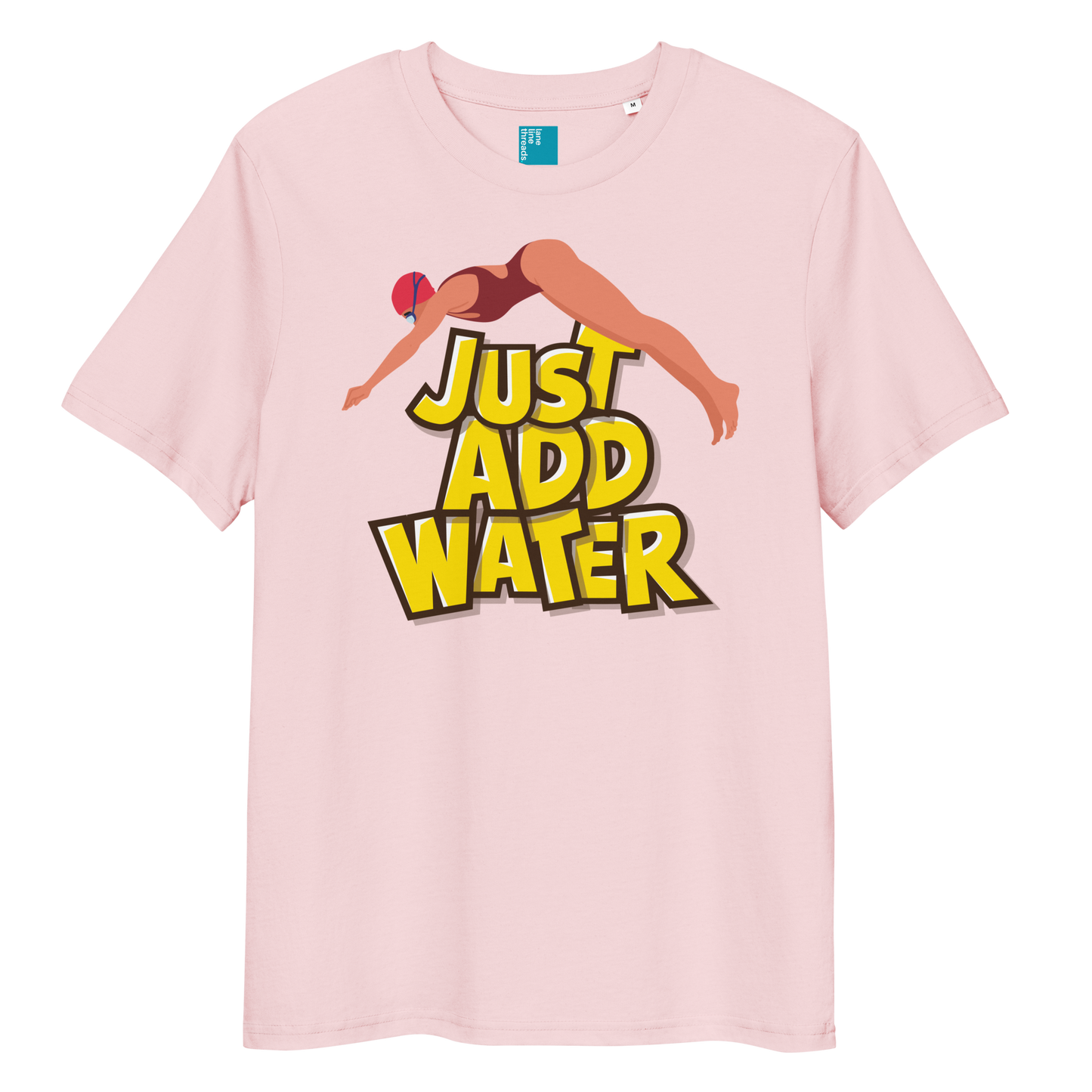 Pink organic funny swim shirt with bold yellow “Just Add Water” text and diver graphic, eco-friendly funny shirt for swimmers and swim parents