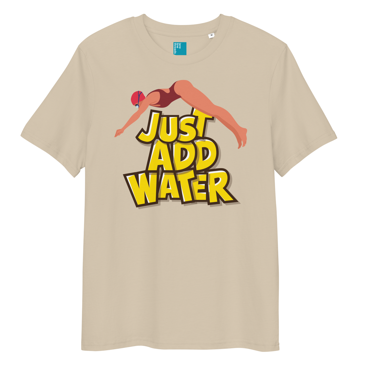 Beige organic funny swim shirt with bold yellow “Just Add Water” text and diver graphic, eco-friendly funny shirt for swimmers and swim parents