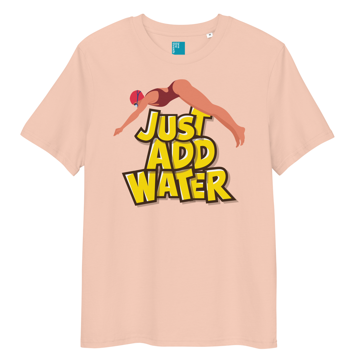 Peach organic funny swim shirt with bold yellow “Just Add Water” text and diver graphic, eco-friendly funny shirt for swimmers and swim parents