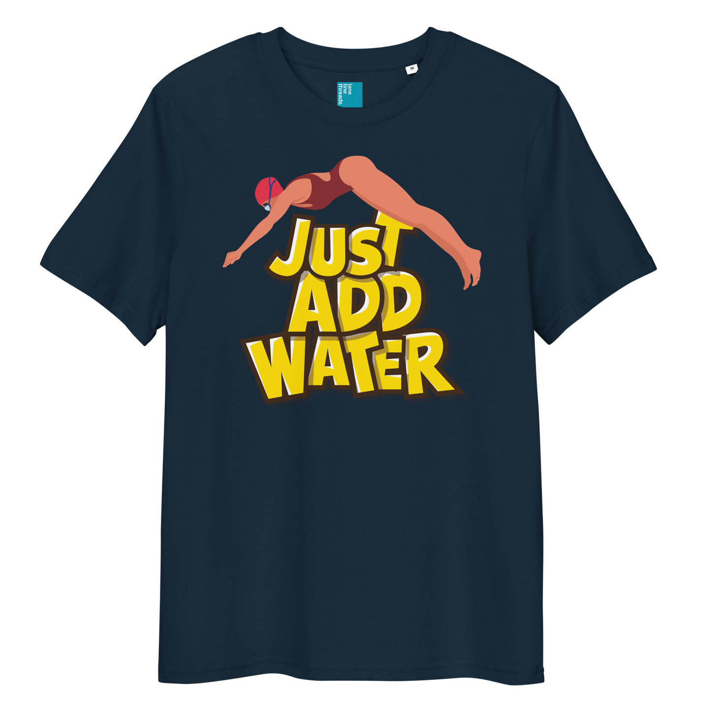 Navy organic funny swim shirt with bold yellow “Just Add Water” text and diver graphic, eco-friendly funny shirt for swimmers and swim parents