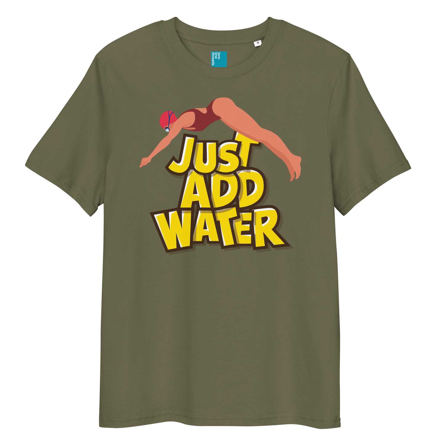 Olive organic funny swim shirt with bold yellow “Just Add Water” text and diver graphic, eco-friendly funny shirt for swimmers and swim parents