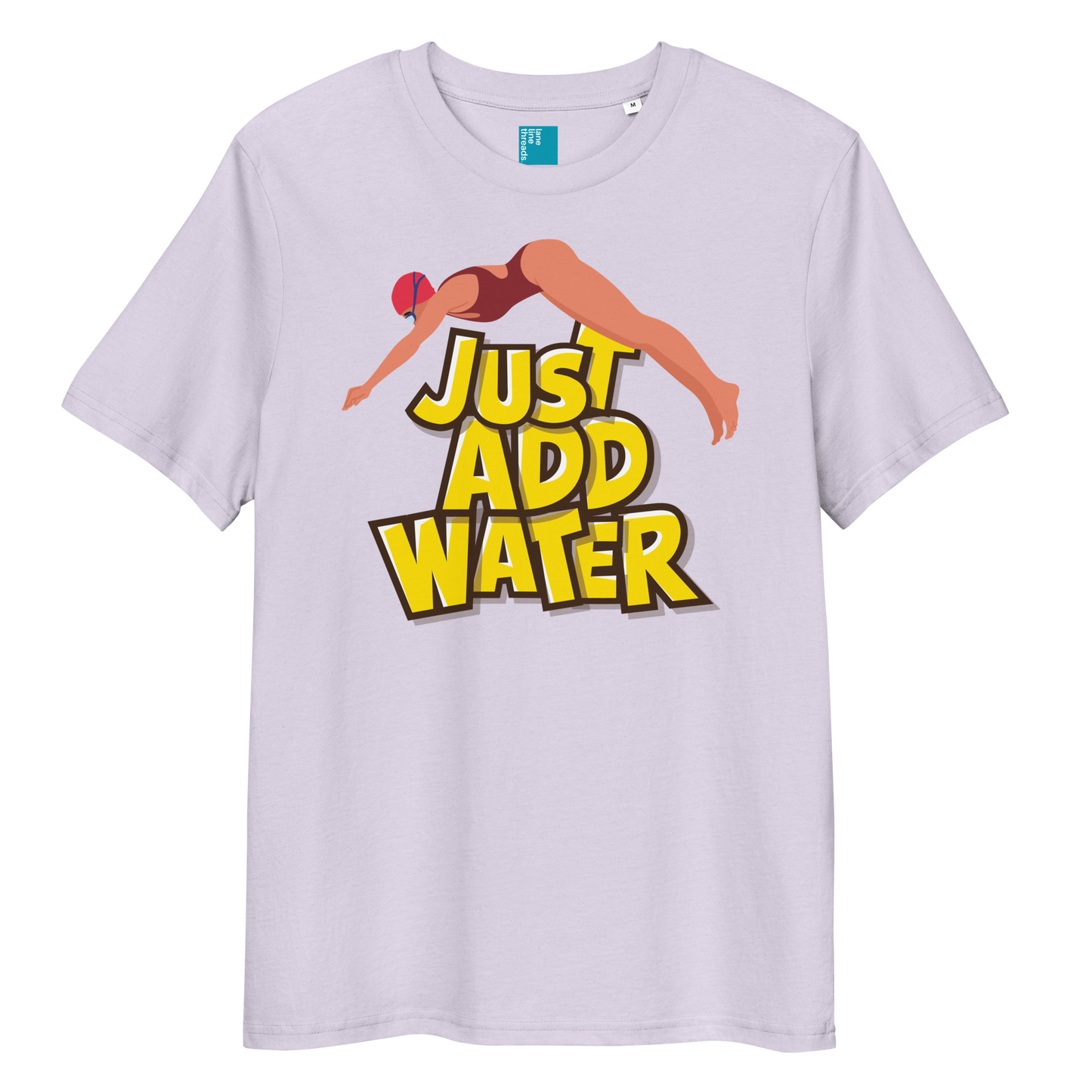 Lavender organic funny swim shirt with bold yellow “Just Add Water” text and diver graphic, eco-friendly funny shirt for swimmers and swim parents