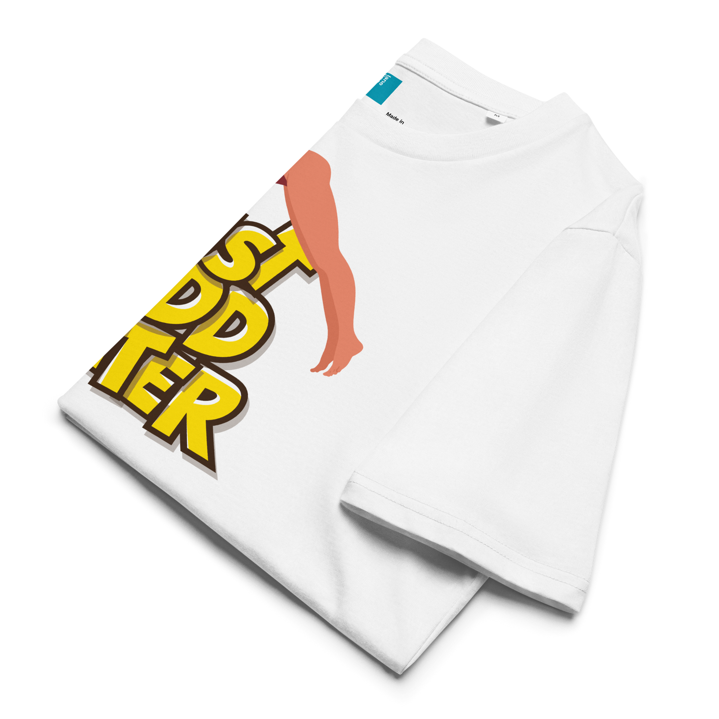 Folded white organic funny swim shirt with bold yellow “Just Add Water” text and diver graphic, eco-friendly funny shirt for swimmers and swim parents