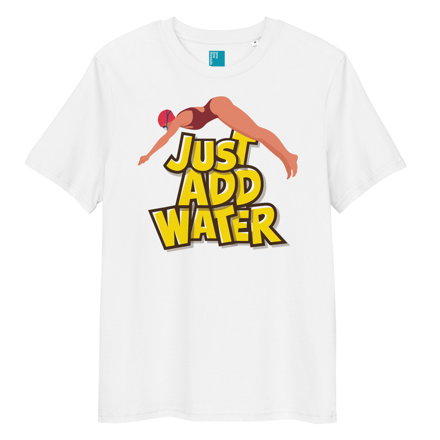White organic funny swim shirt with bold yellow “Just Add Water” text and diver graphic, eco-friendly funny shirt for swimmers and swim parents