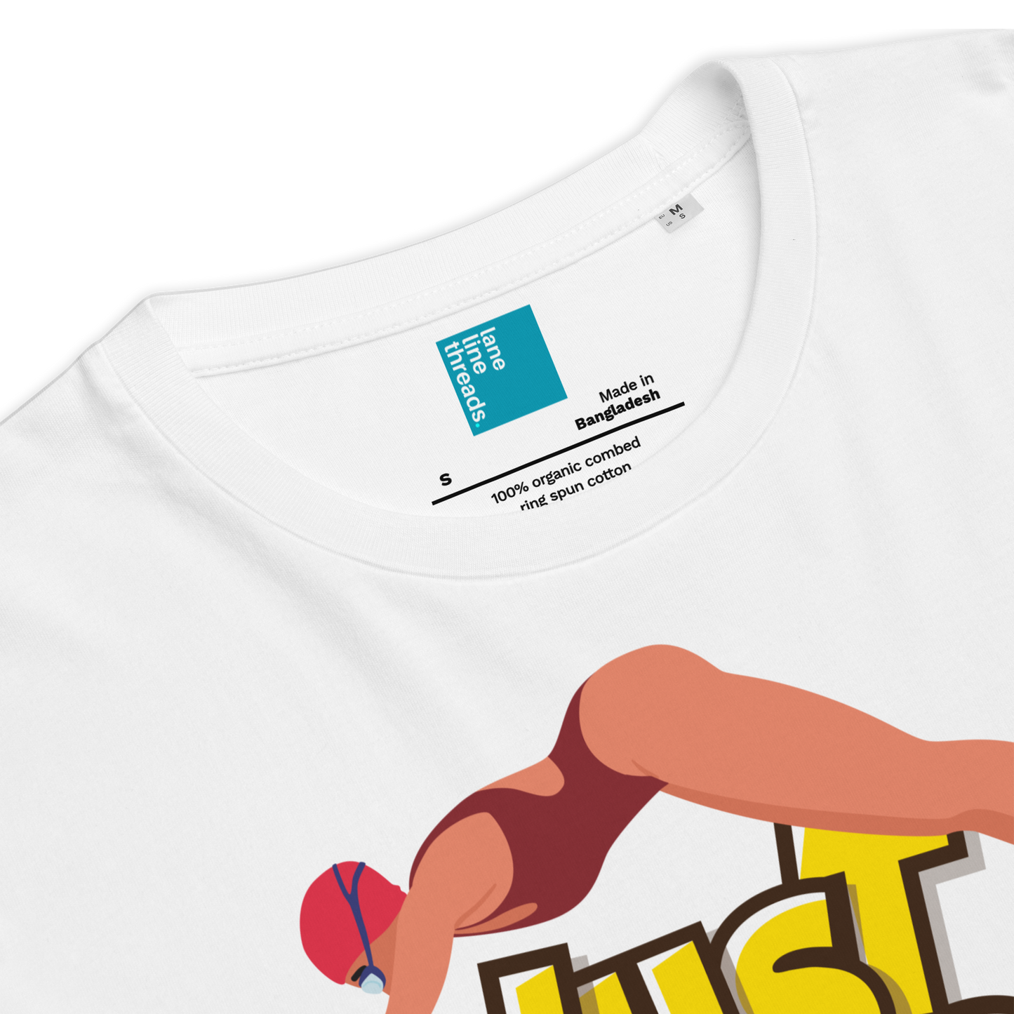 White t-shirt with cartoon graphic and label on a white background