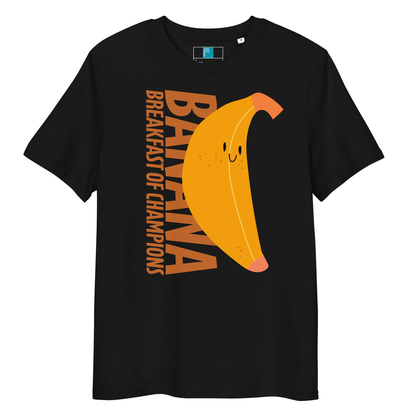 Black organic funny swim shirt with a cute smiling banana and the text ‘Banana Breakfast of Champions’ – eco-friendly, soft, and gentle for post-swim skin.
