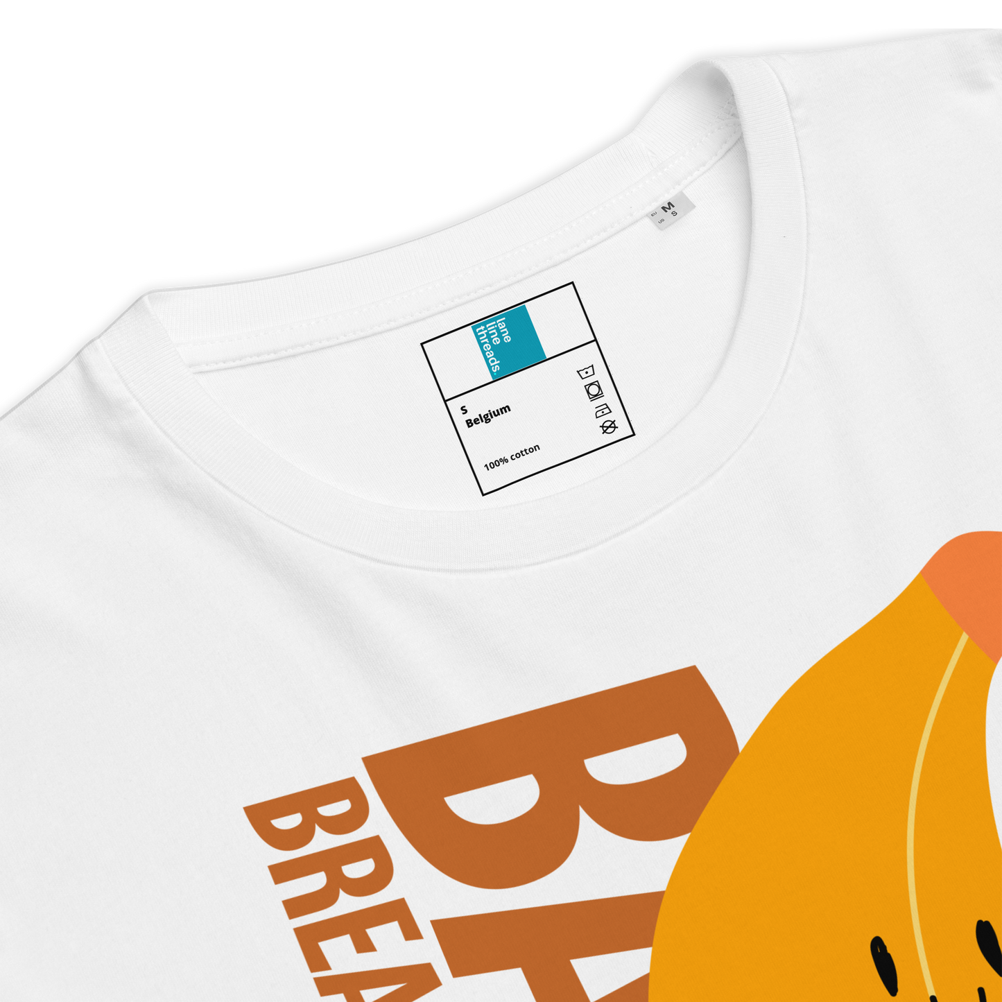 White organic funny swim shirt with orange and yellow design and 'Breakfast' text on a white background