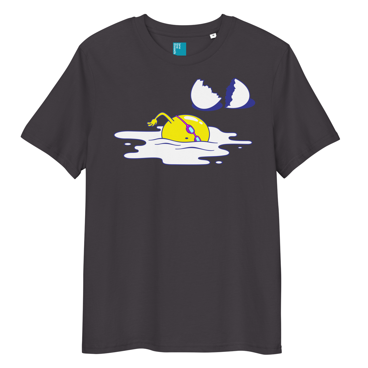 Anthracite organic funny swim shirt with cartoon egg swimmer design, eco-friendly biodegradable cotton tee for swimmers
