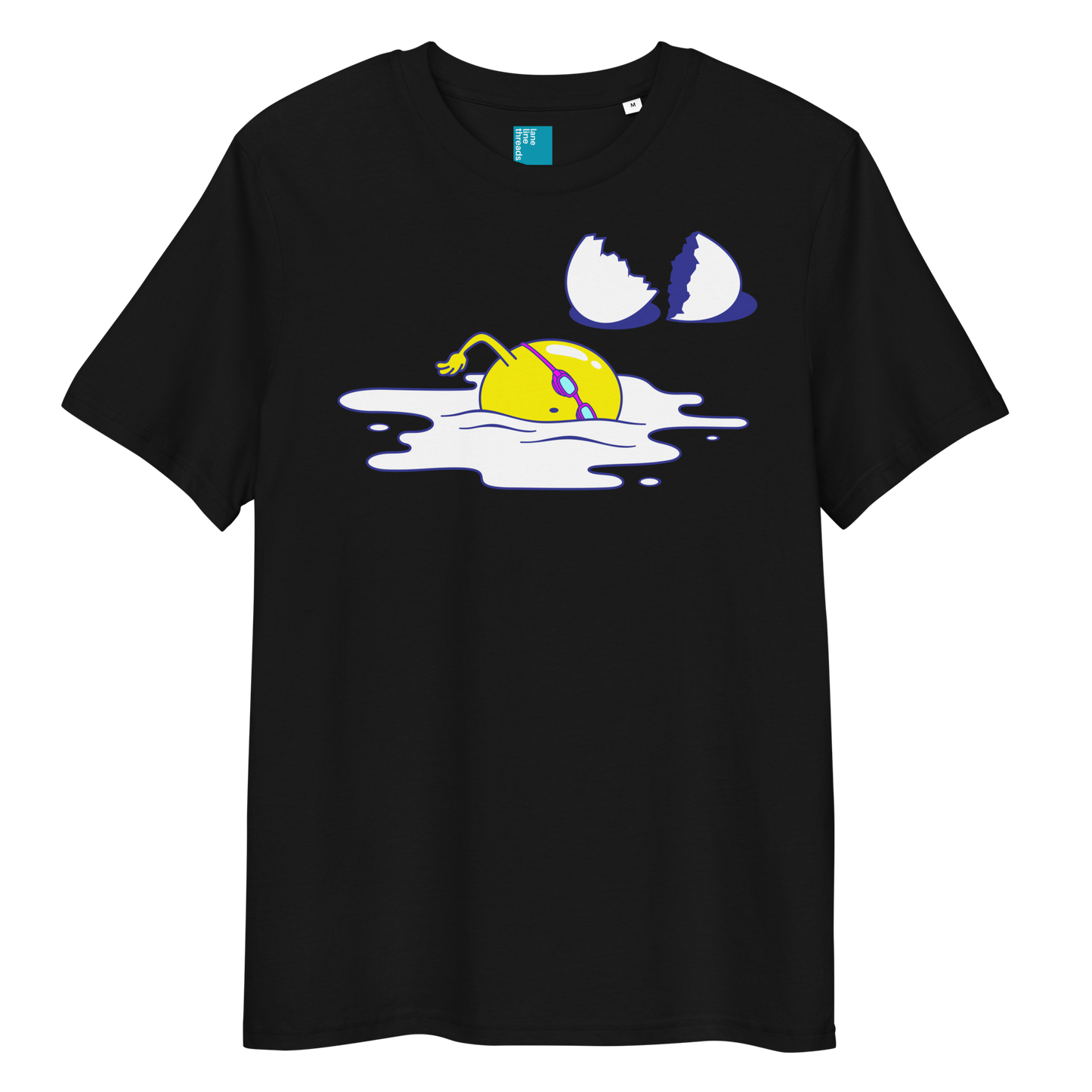 Black organic funny swim shirt with cartoon egg swimmer design, eco-friendly biodegradable cotton tee for swimmers