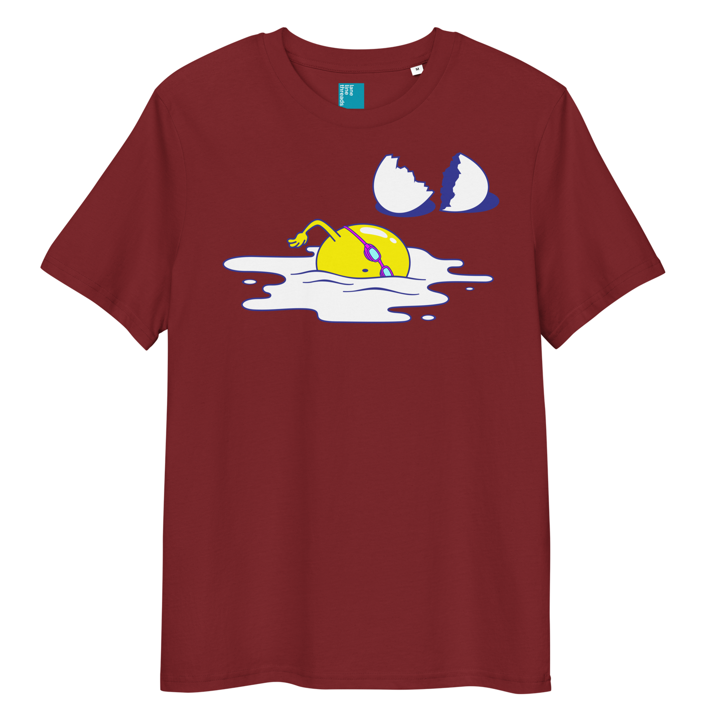 Burgundy organic funny swim shirt with cartoon egg swimmer design, eco-friendly biodegradable cotton tee for swimmers