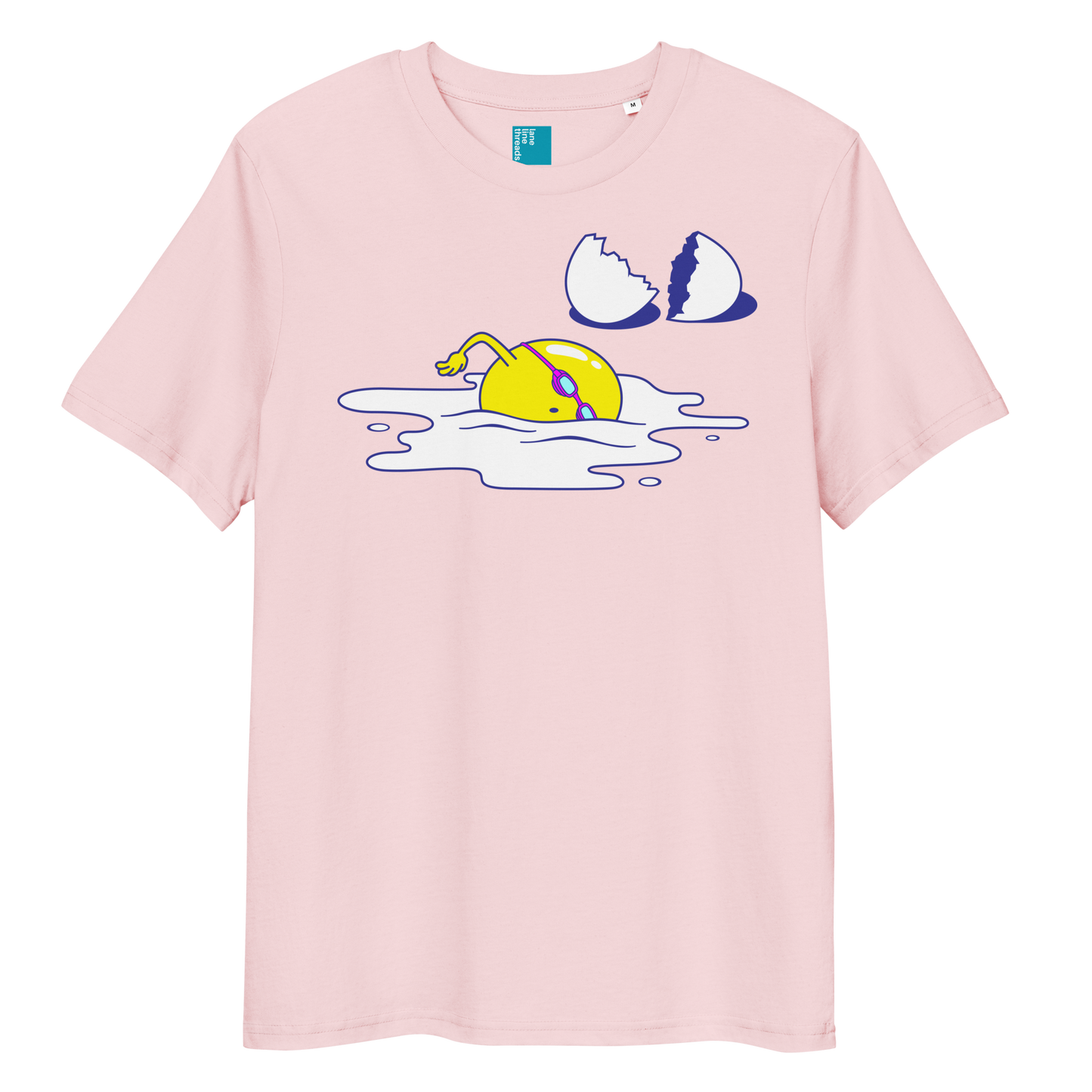 Pink organic funny swim shirt with cartoon egg swimmer design, eco-friendly biodegradable cotton tee for swimmers
