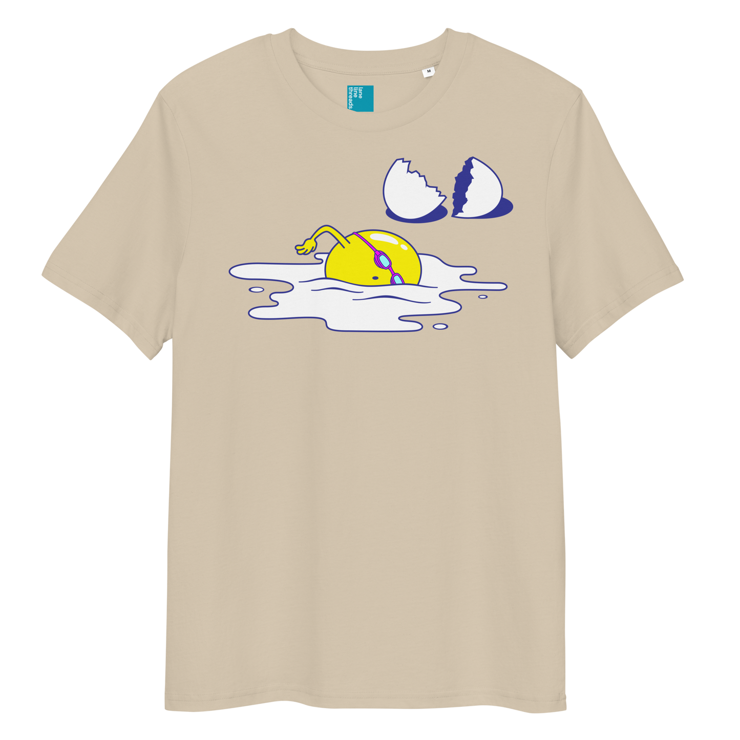 Beige organic funny swim shirt with cartoon egg swimmer design, eco-friendly biodegradable cotton tee for swimmers