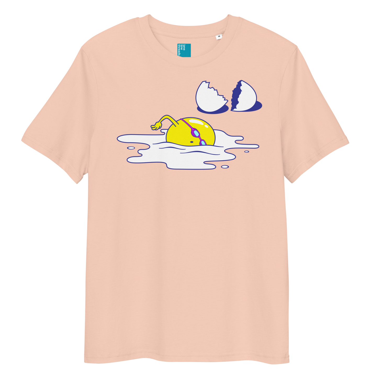 Peche organic funny swim shirt with cartoon egg swimmer design, eco-friendly biodegradable cotton tee for swimmers