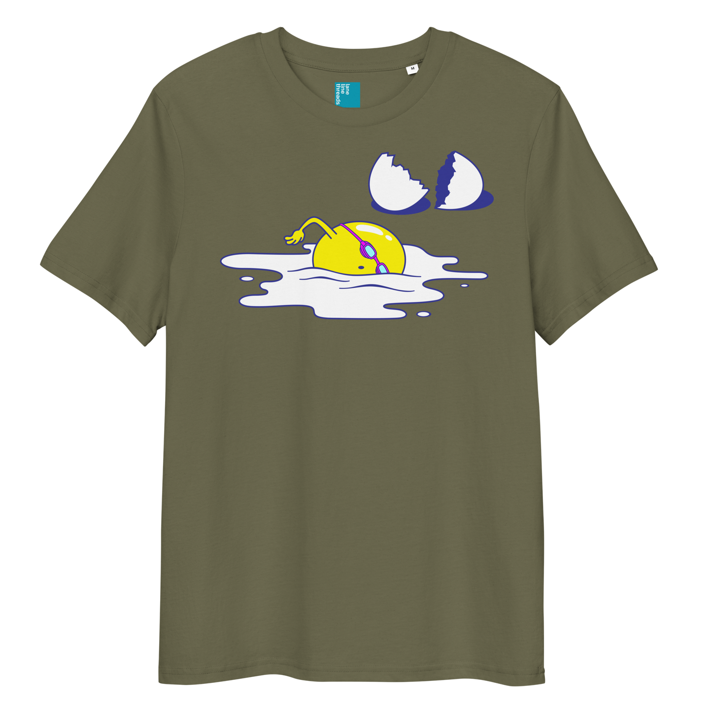Khaki organic funny swim shirt with cartoon egg swimmer design, eco-friendly biodegradable cotton tee for swimmers