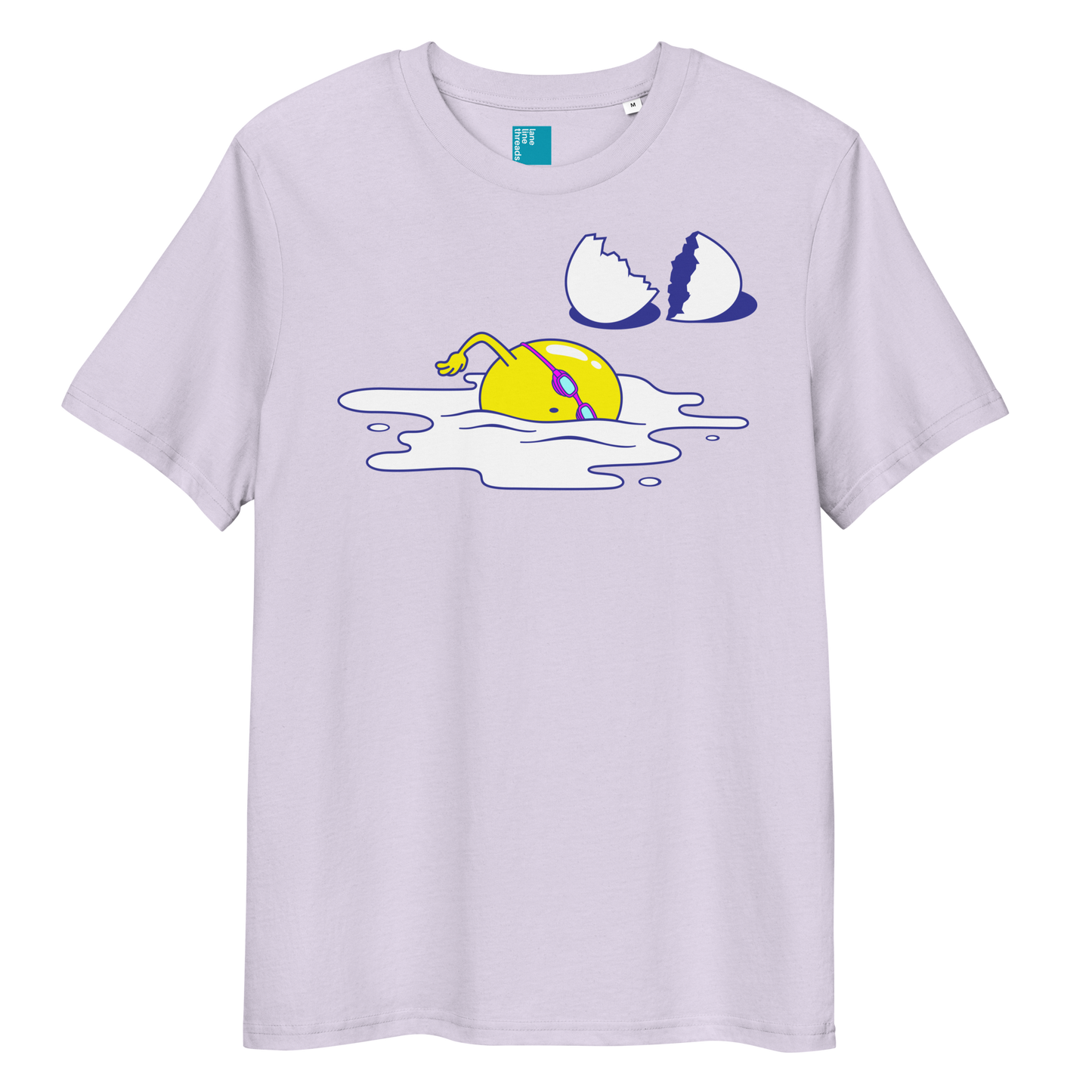 Lavender organic funny swim shirt with cartoon egg swimmer design, eco-friendly biodegradable cotton tee for swimmers