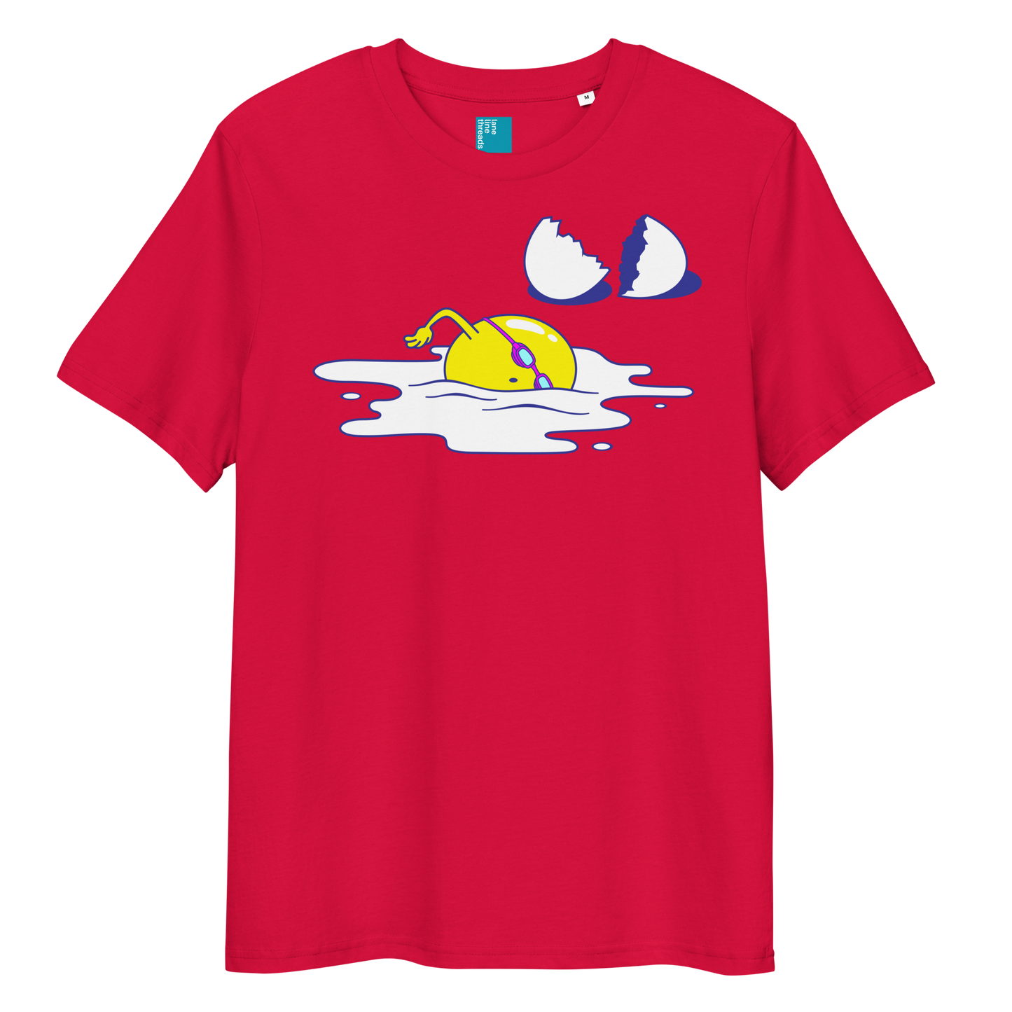 Red organic funny swim shirt with cartoon egg swimmer design, eco-friendly biodegradable cotton tee for swimmers