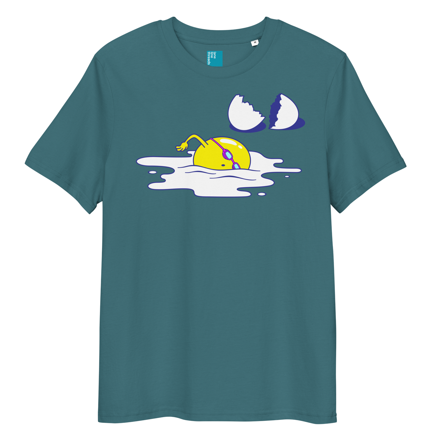 Blue organic funny swim shirt with cartoon egg swimmer design, eco-friendly biodegradable cotton tee for swimmers