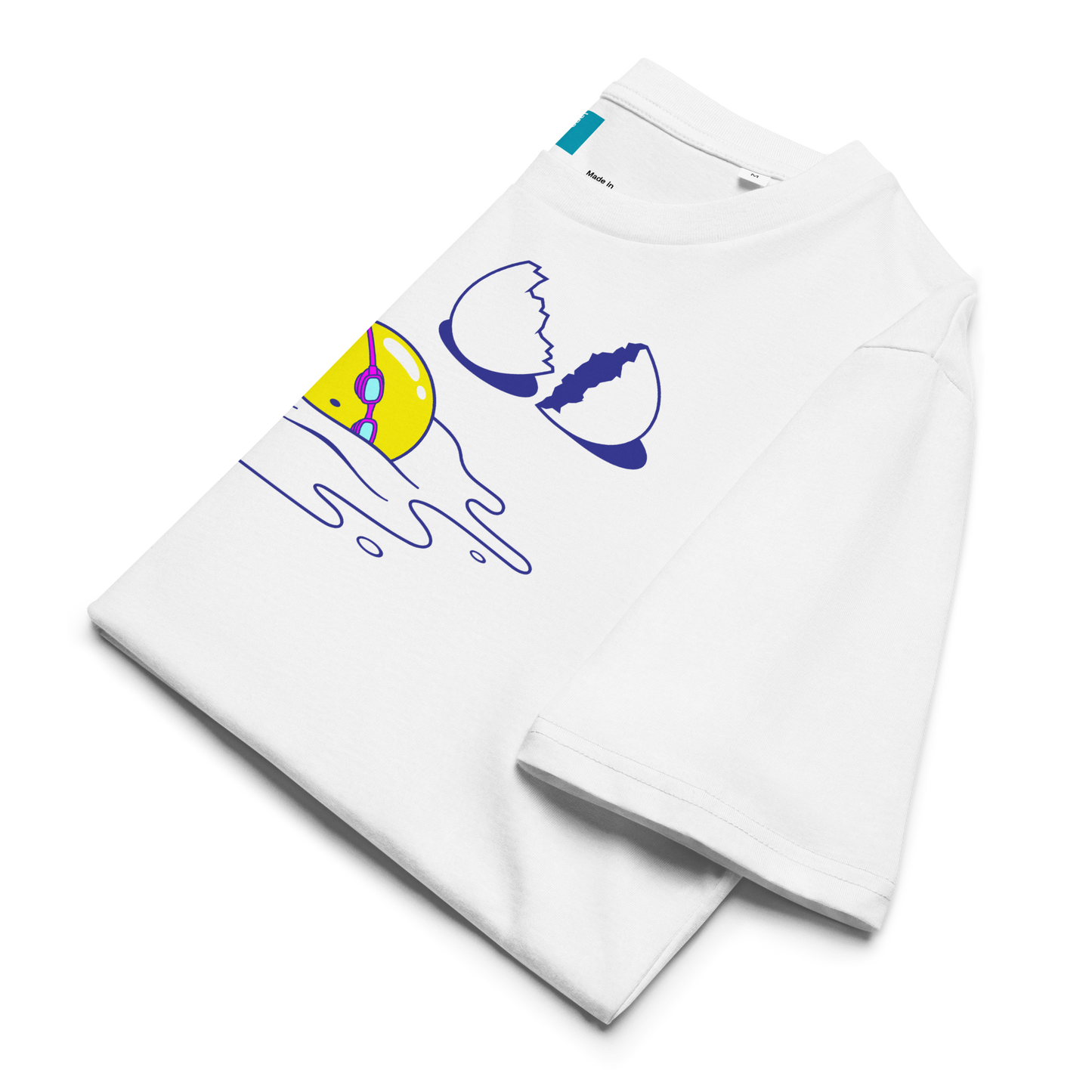 White organic funny swim shirt with colorful graphic design on a white background