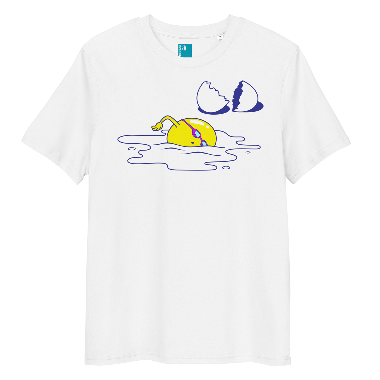 White organic funny swim shirt with cartoon egg swimmer design, eco-friendly biodegradable cotton tee for swimmers.
