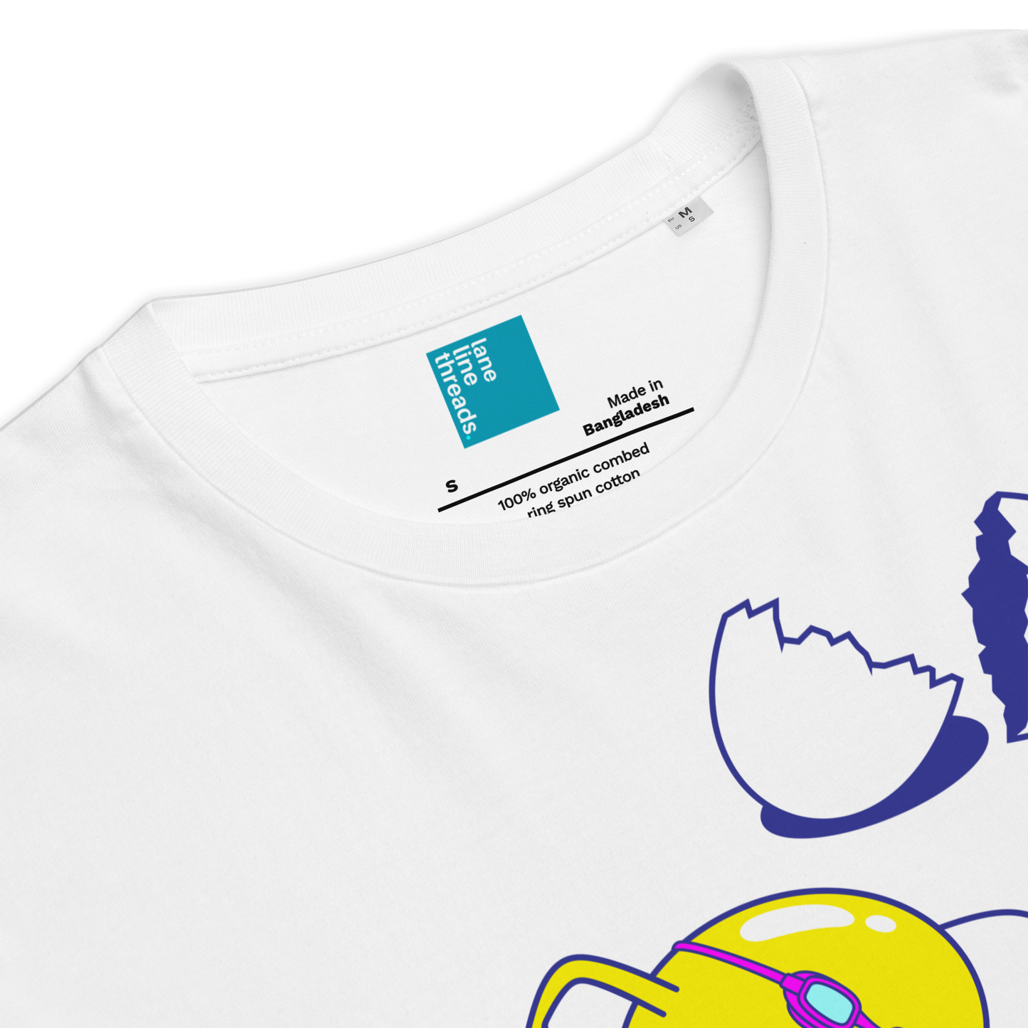 White organic funny swim shirt with colorful graphic design and brand label on a white background