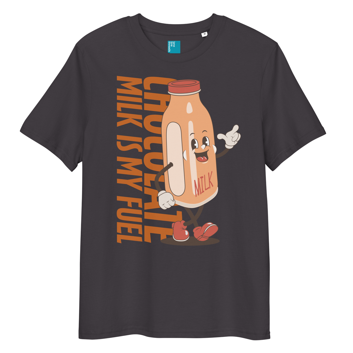 Anthracite organic funny swim shirt with “Chocolate Milk Is My Fuel” design featuring vintage cartoon chocolate milk bottle, eco-friendly funny swim shirt for swimmers