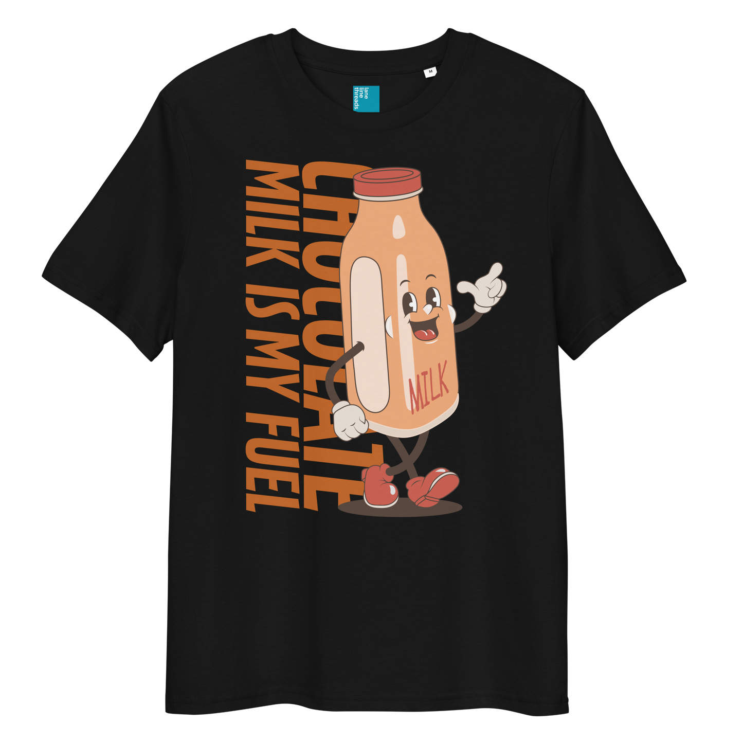 Black organic funny swim shirt with “Chocolate Milk Is My Fuel” design featuring vintage cartoon chocolate milk bottle, eco-friendly funny swim shirt for swimmers