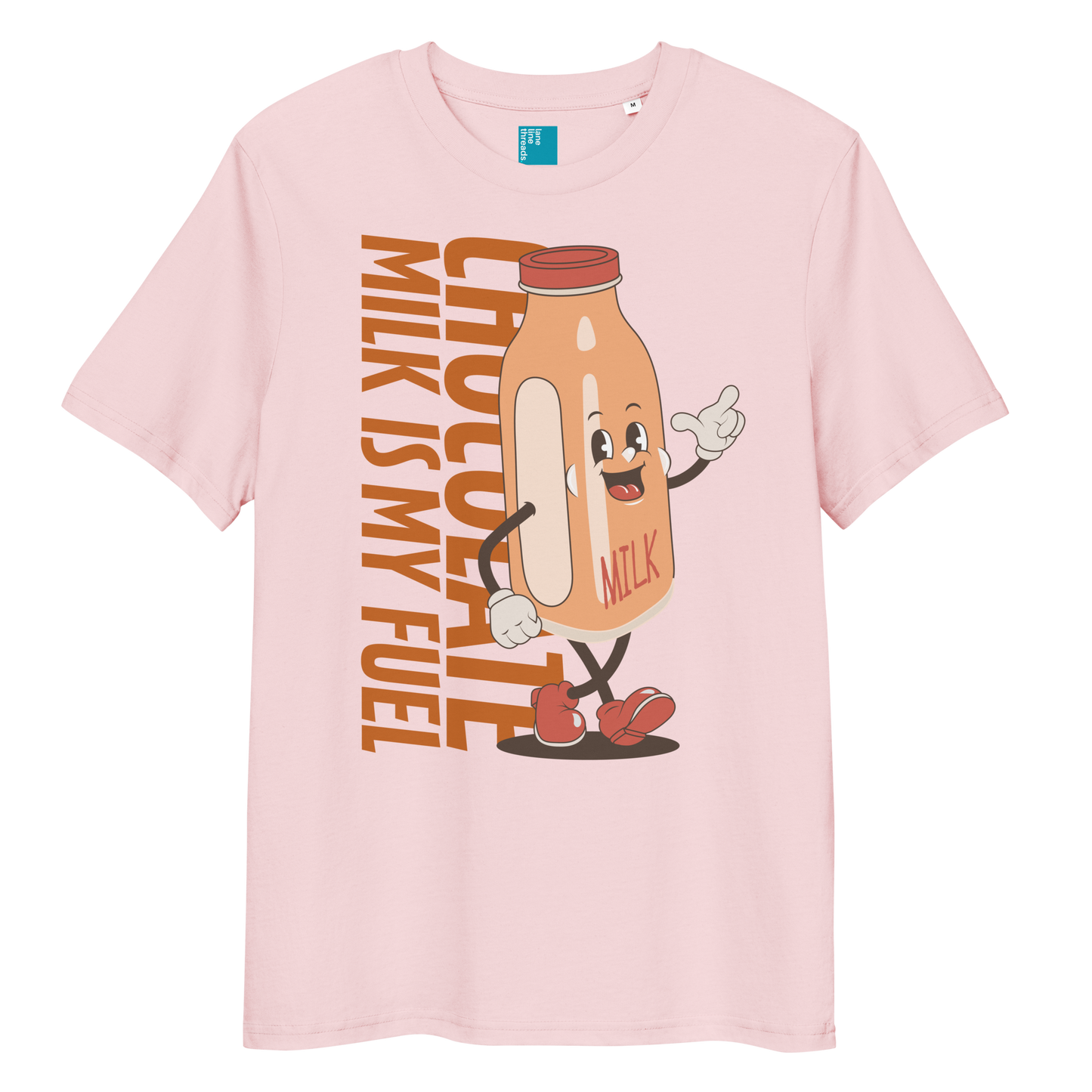Pink organic funny swim shirt with “Chocolate Milk Is My Fuel” design featuring vintage cartoon chocolate milk bottle, eco-friendly funny swim shirt for swimmers