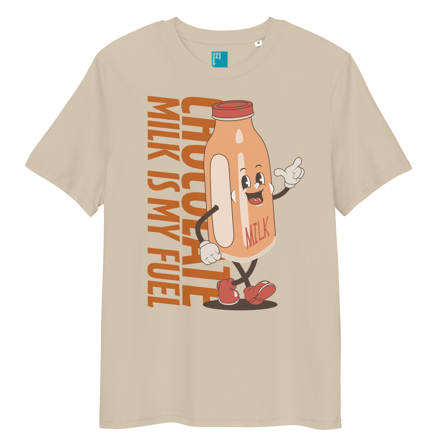 Beige organic funny swim shirt with “Chocolate Milk Is My Fuel” design featuring vintage cartoon chocolate milk bottle, eco-friendly funny swim shirt for swimmers