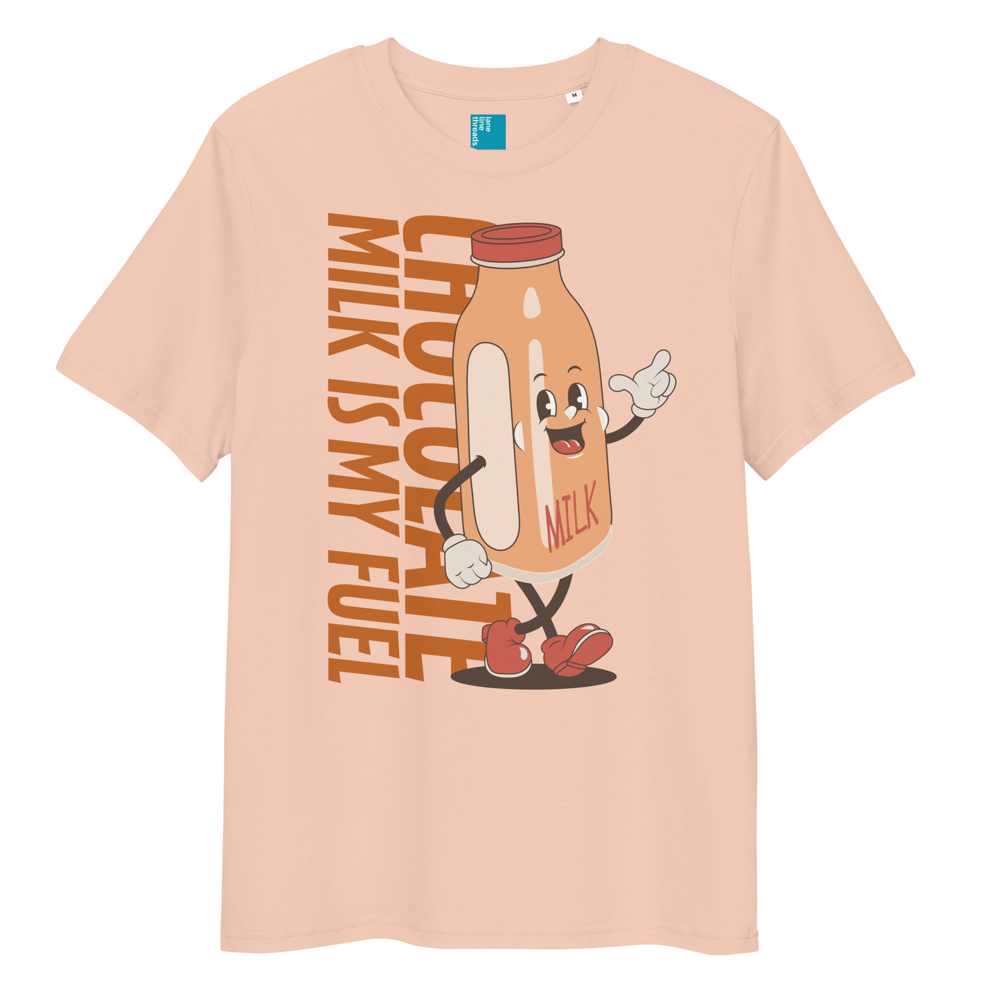 Peach organic funny swim shirt with “Chocolate Milk Is My Fuel” design featuring vintage cartoon chocolate milk bottle, eco-friendly funny swim shirt for swimmers
