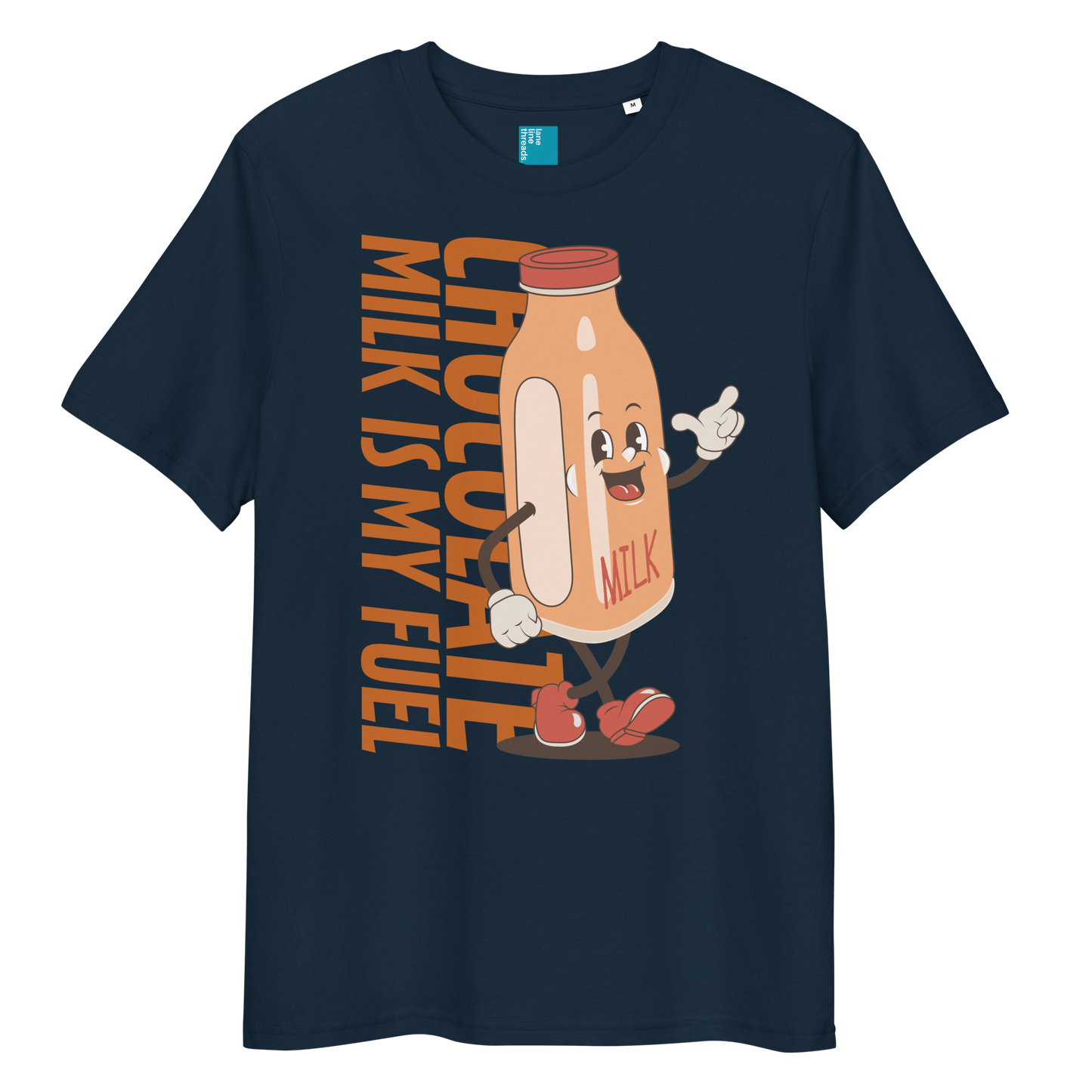 Navy organic funny swim shirt with “Chocolate Milk Is My Fuel” design featuring vintage cartoon chocolate milk bottle, eco-friendly funny swim shirt for swimmers