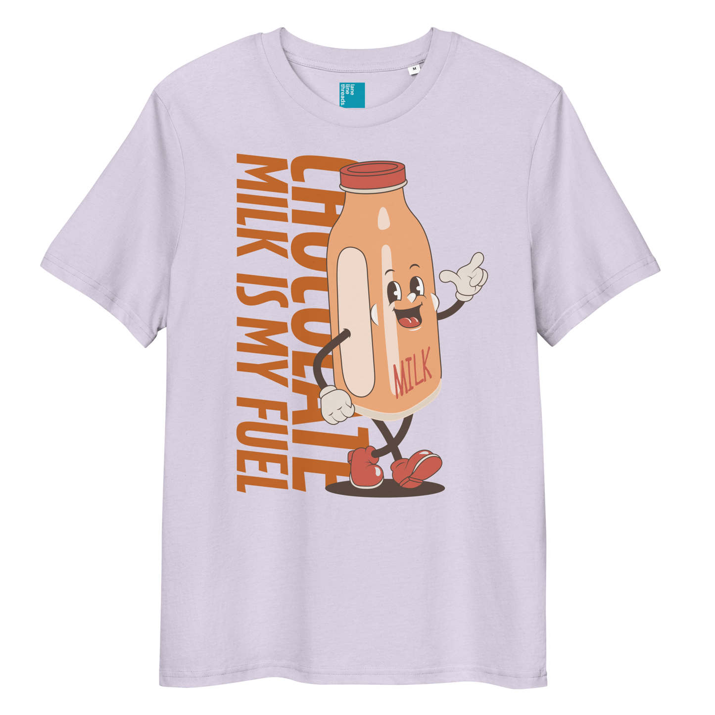 Lavender organic funny swim shirt with “Chocolate Milk Is My Fuel” design featuring vintage cartoon chocolate milk bottle, eco-friendly funny swim shirt for swimmers