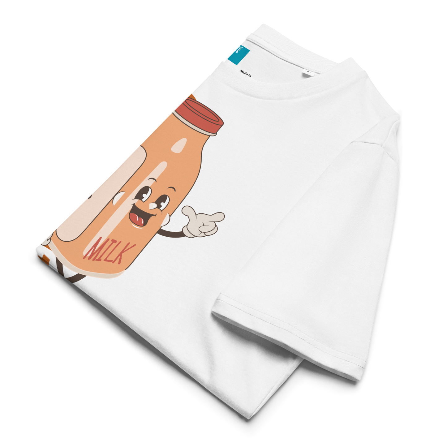 Folded white t-shirt with a vintage cartoon milk bottle design on a white background