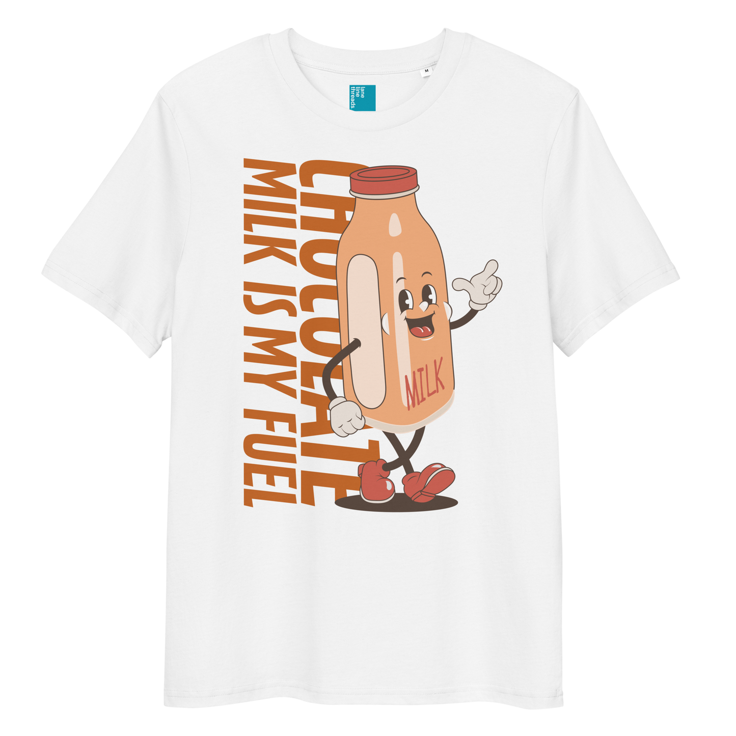 White organic funny swim shirt with “Chocolate Milk Is My Fuel” design featuring vintage cartoon chocolate milk bottle, eco-friendly funny swim shirt for swimmers