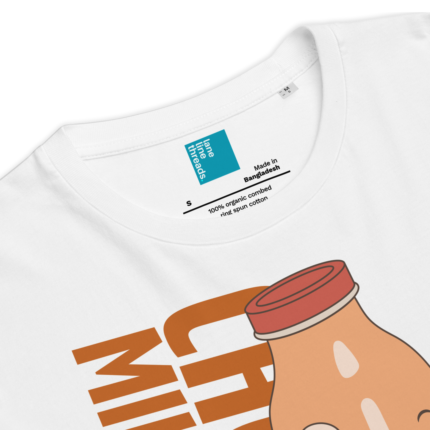 Detail of white organic funny swim shirt with a graphic design and label on a white background