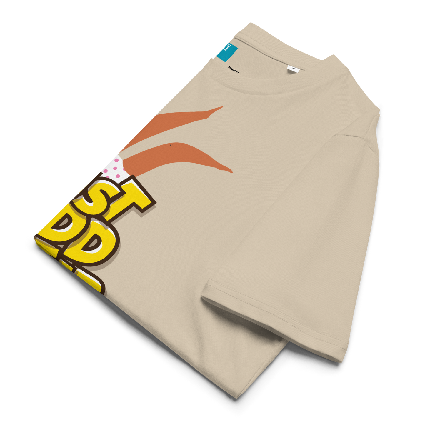 Folded beige organic cotton t-shirt with cartoon swimmer legs and bold text “Just Add Water,” eco-friendly funny swim shirt for swimmers and swim parents