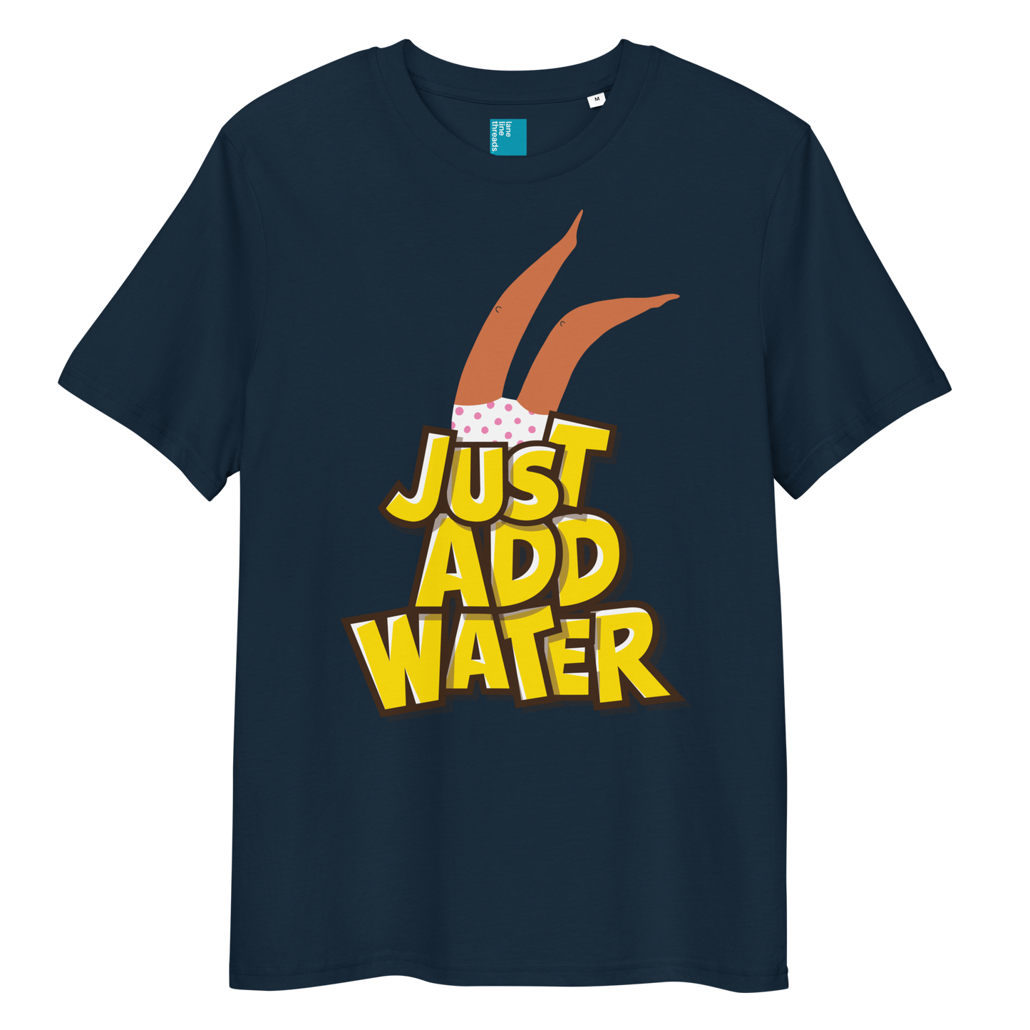 Navy organic cotton t-shirt with cartoon swimmer legs and bold text “Just Add Water,” eco-friendly funny swim shirt for swimmers and swim parents