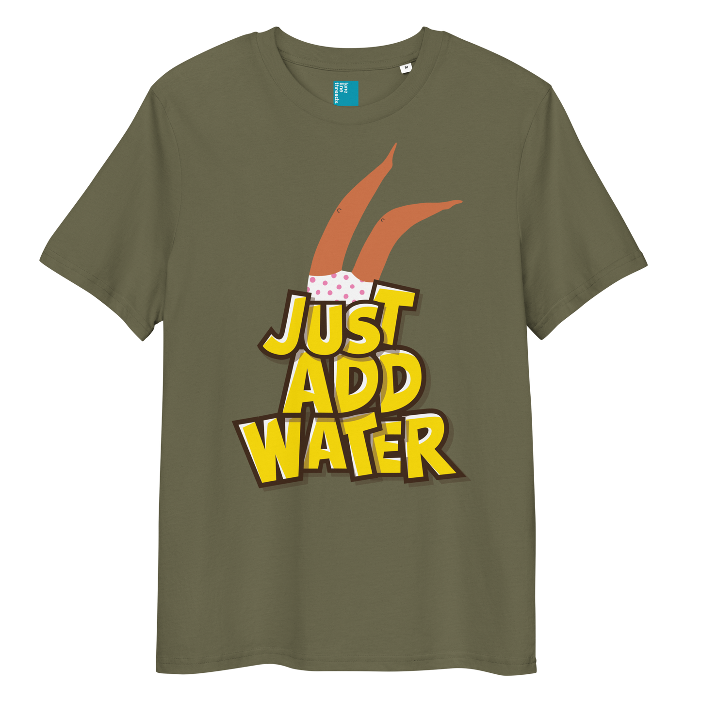 Khaki organic cotton t-shirt with cartoon swimmer legs and bold text “Just Add Water,” eco-friendly funny swim shirt for swimmers and swim parents