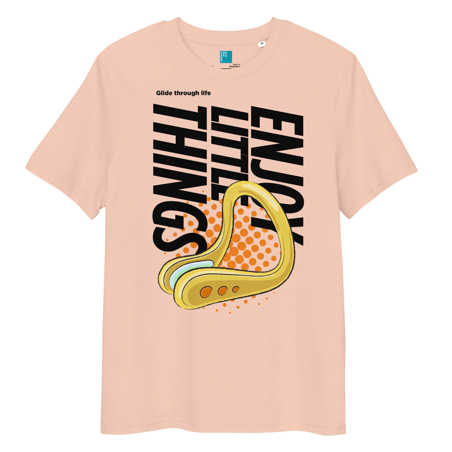 Beige post swim organic shirt with a graphic design and "Enjoy little things" text on a white background