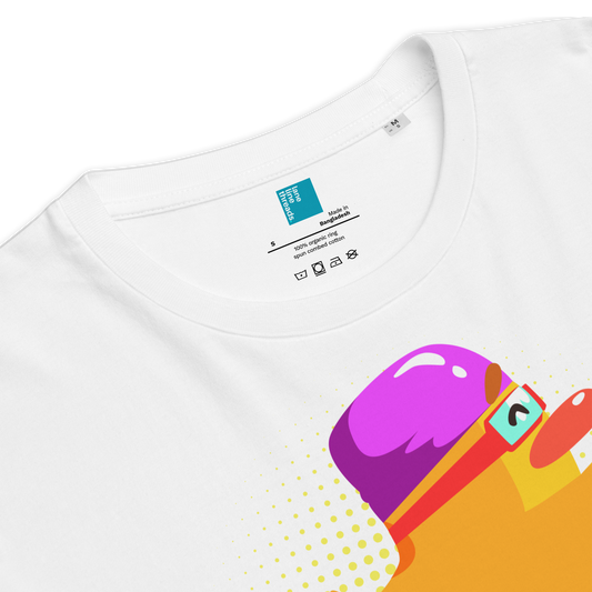 Close-up of white organic funny swim shirt featuring a bright yellow cartoon duck wearing a purple swim cap and goggles, standing on a starting block with the bold retro-style text “Swim Chick.” Made from eco-friendly organic cotton, this breathable and sustainable t-shirt is perfect for competitive swimmers, swim moms, and water-loving athletes who want humor and comfort in and out of the pool.