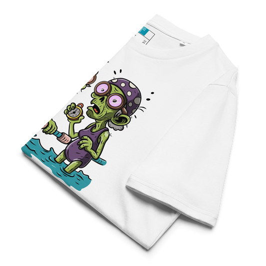 Folded white organic cotton Halloween swim practice shirt with cartoon zombie swim besties holding lane line, text reads ‘still kicking after all these years'
