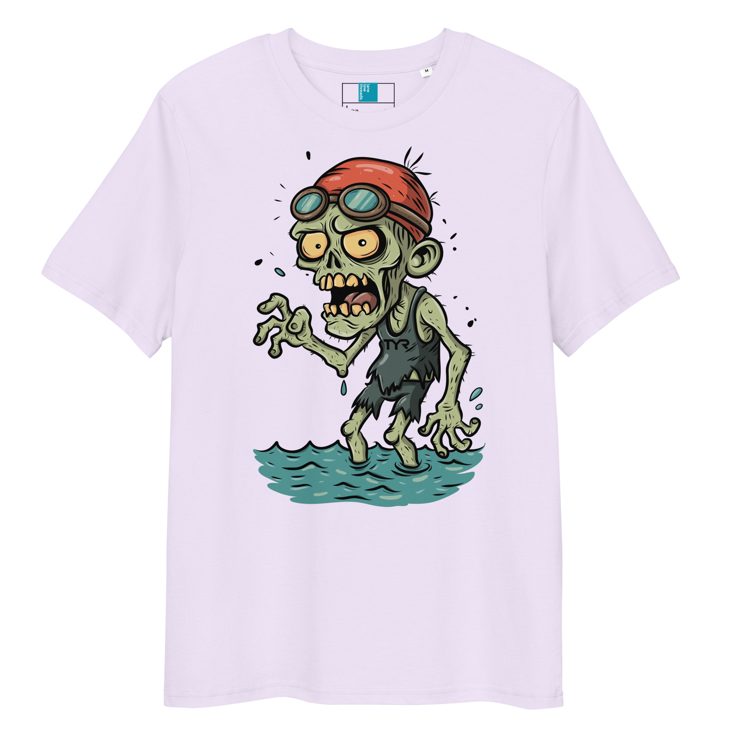 Cartoon zombie swimmer in red cap and blue goggles emerging from water, printed on lavender organic cotton Halloween swim shirt by Lane Line Threads